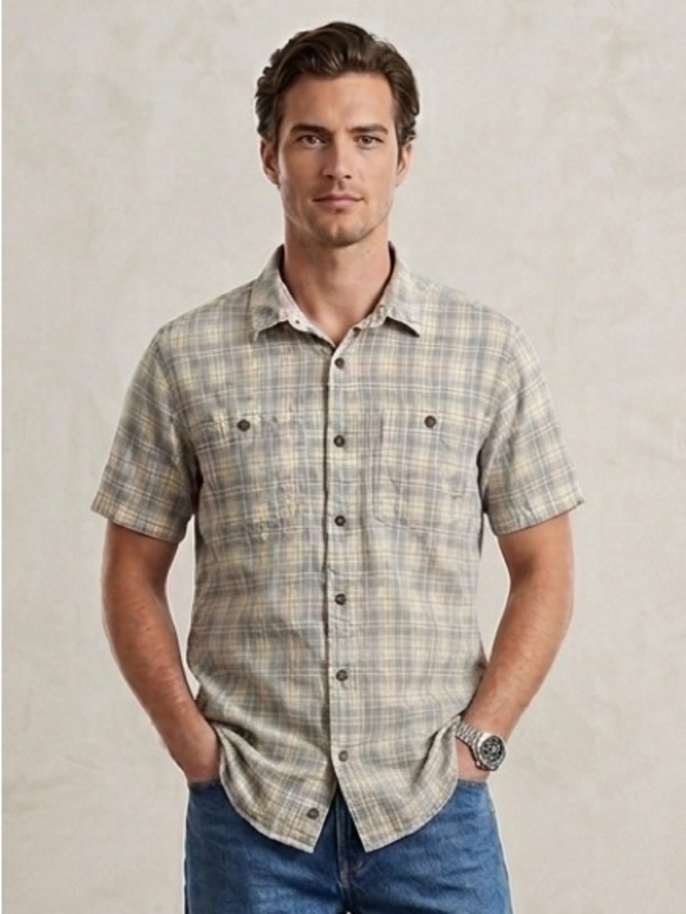 Patagonia Hemp Organic Cotton Plaid Button Up Shirt Coconut Buttons Grey Gold